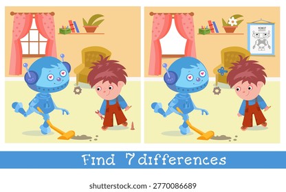 Kids educational vector find 7 differences game with cute robot and boy inventor in cozy room. Colorful cartoon scene displays technical posters toys and home interior creating engaging activity for