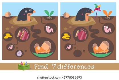 Kids educational vector find 7 differences game with cute mole in underground tunnel. Colorful labyrinth scene displays hidden treasures worms and cozy bedroom creating engaging activity for children