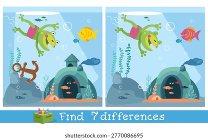 Kids educational vector find 7 differences game with cute frog swimming underwater. Colorful cartoon scene displays ocean floor with fish cave and bubbles creating engaging activity for children brain