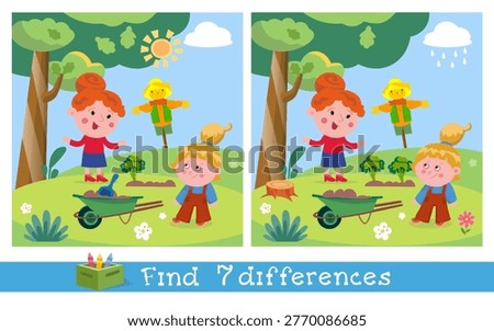 Kids educational vector find 7 differences game with granny and girl gardening and cute scarecrow. Colorful cartoon scene displays backyard garden wheelbarrow and changing weather creating engaging