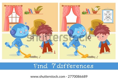 Kids educational vector find 7 differences game with cute robot and boy inventor in cozy room. Colorful cartoon scene displays technical posters toys and home interior creating engaging activity for