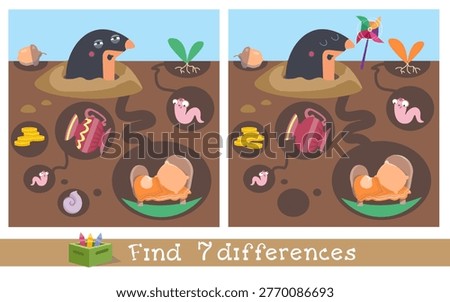 Kids educational vector find 7 differences game with cute mole in underground tunnel. Colorful labyrinth scene displays hidden treasures worms and cozy bedroom creating engaging activity for children