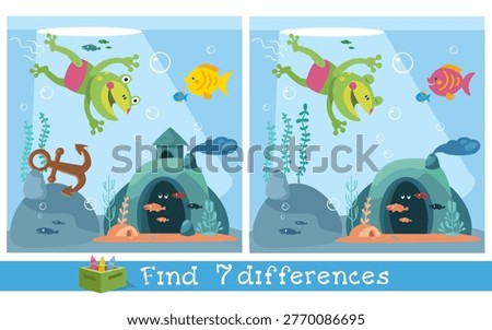 Kids educational vector find 7 differences game with cute frog swimming underwater. Colorful cartoon scene displays ocean floor with fish cave and bubbles creating engaging activity for children brain