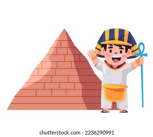 Kids in egypt pharaoh king pose in front of pyramid vector drawing illustration