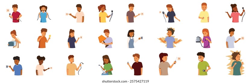  Kids electricity icons set. Children interacting with electrical appliances and outlets, learning about electricity and electrical safety