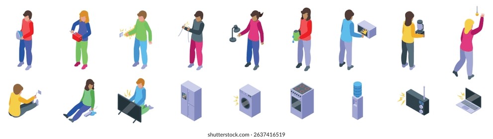  Kids electricity icons set. Children experiencing electric shocks from various household appliances, highlighting electrical safety hazards in isometric view