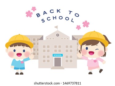 kids and elementary school building