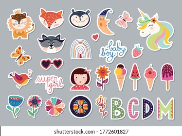 Colección de elementos infantiles con diseño moderno, animales, flores, letras, pegatinas monas