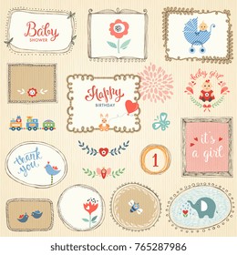 Kids elements, hand drawn frames, flowers, birds, little girl, cartoon elephant, cute rabbit, butterfly, bee, baby carriage, toys and typographic design. 