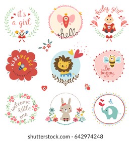 Kids elements, labels, frames, floral wreaths, baby girl, flowers, hearts, cartoon elephant, lion cub, cute rabbit, bee, bird, toys,  and typographic design. Vector illustration.