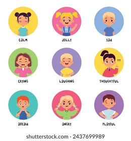 Kids Emotion with Boy and Girl Character in Round Shape Show Face Expression Vector Set