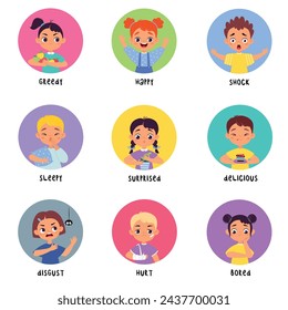 Kids Emotion with Boy and Girl Character in Round Shape Show Face Expression Vector Set