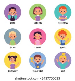 Kids Emotion with Boy and Girl Character in Round Shape Show Face Expression Vector Set