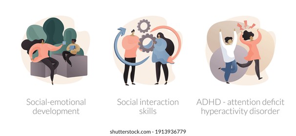 Kids emotional management abstract concept vector illustration set. Social development and interaction skills, attention deficit hyperactivity disorder, autism diagnostics, ADHD abstract metaphor.