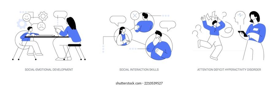 Kids emotional management abstract concept vector illustration set. Social development and interaction skills, attention deficit hyperactivity disorder, autism diagnostics, ADHD abstract metaphor.