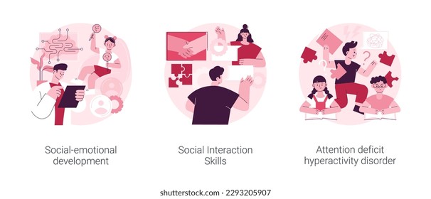 Kids emotional management abstract concept vector illustration set. Social development and interaction skills, attention deficit hyperactivity disorder, autism diagnostics, ADHD abstract metaphor.