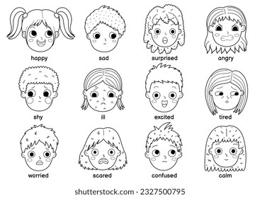 Kids emotions black and white set in cartoon style. Cute boys and girls face expressions collection. Emotional intellect coloring page. Vector illustration