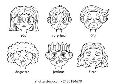 Colección Kids emotions face en blanco y negro. Diferentes expresiones emocionales se agrupan en un esquema. Afiche de Sentimiento de Aprendizaje para la escuela y el preescolar. Rostros de niños y niñas. Ilustración de vector