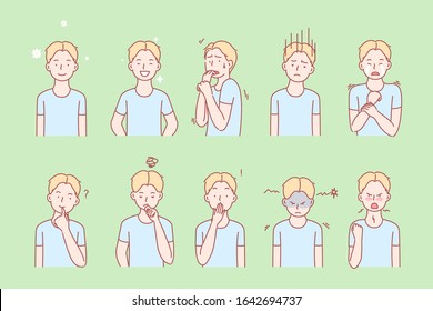 Kids emotions and facial expressions set concept. Illustration or collection showing different emotions of kid. Boy demonstrates of positive and negative facial expressions. Simple flat vector