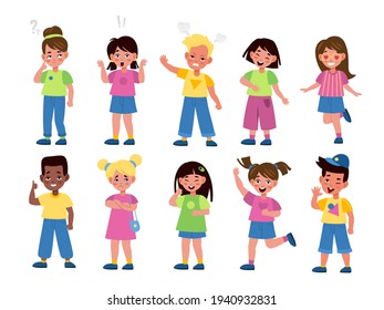 Kids emotions. International children in different moods, teens joy and anger, bored and surprised, chagrin expressions, poses in happiness and upsets. Vector cartoon set