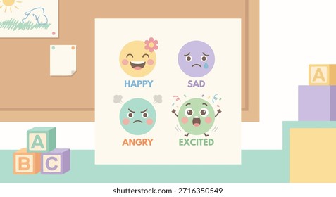 Niños Emociones Aprendiendo Póster con Lindo Feliz Triste Emocionado Caras Ilustración