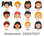Kids emotions set in cartoon style. Cute boys and girls face expressions collection. Emotional intellect poster for children. Vector illustration