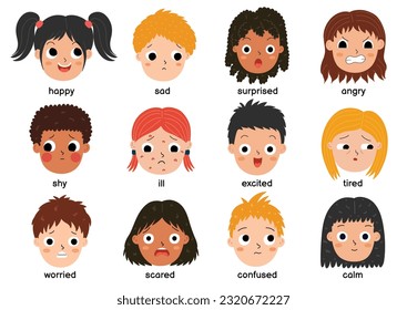 Kids emotions set in cartoon style. Cute boys and girls face expressions collection. Emotional intellect poster for children. Vector illustration