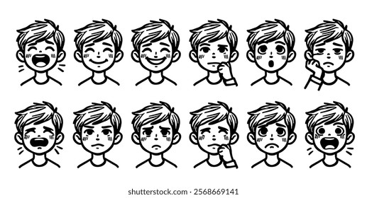 Kids emotions set in cartoon style. Cute boy faces expressions collection. Emotional intellect poster for children. Vector illustration