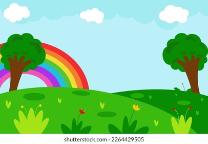 Kids empty background with hill, tree, flower, rainbow, and cloud 