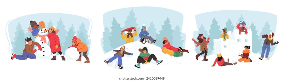 Kids Engage In A Variety Of Winter Activities, Building Snowmen, Sledding Down Snowy Hills, Having Snowball Fights, Creating Joyful Memories Amidst The Winter Wonderland. Cartoon Vector Illustration