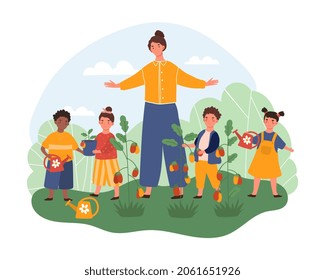 Kids Engaged Gardening Concept. Woman Together With Young Children Waters Flowers, Plants And Fruit Trees. Boys And Girls Take Care Of Environment And Get Harvest. Cartoon Flat Vector Illustration