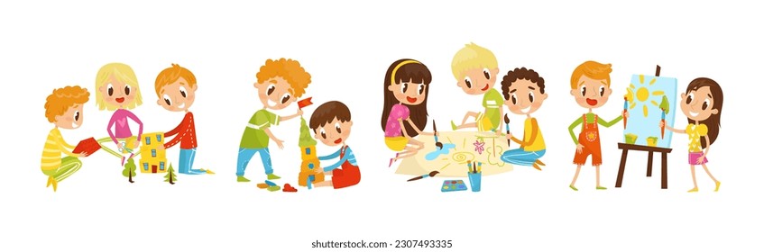 Kids Engaged in Handicraft Doing Handmade Creative Things Vector Set