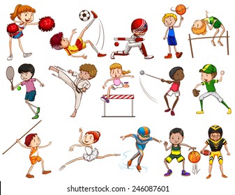 Kids engaging in different activities on a white background