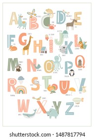 Kids english alphabet, A to Z with cute cartoon animals. Editable vector illustration