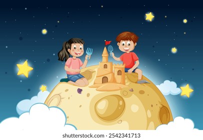 Kids enjoy building a sandcastle on the moon
