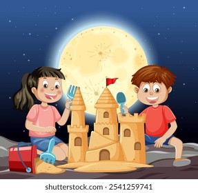 Kids enjoy creating a sandcastle at night