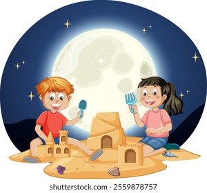 Kids enjoy creating sandcastles beneath a glowing moon