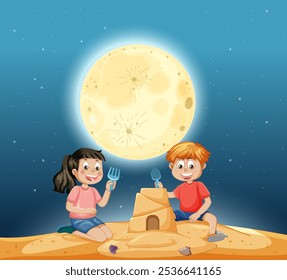 Kids enjoy nighttime beach fun with a sandcastle