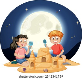 Kids enjoy nighttime beach fun with sandcastles
