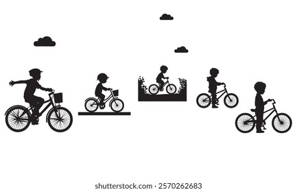 Kids enjoy in ride bike. Active children drive outdoor. Summer leisure time.