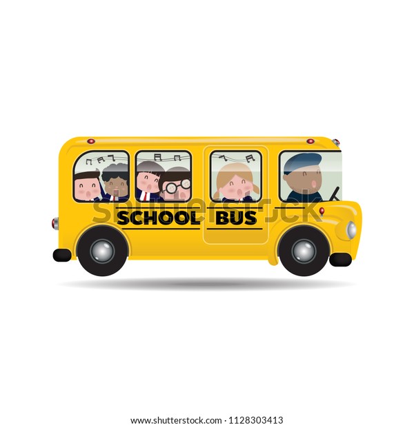 Kids\
enjoy riding on school bus. Back to school design\
