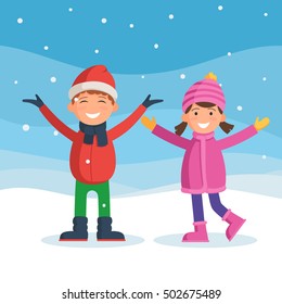 Kids enjoy the snow and winter holidays. Winter fun. Happy boy and girl under the snow. Vector illustration in cartoon style for web design or greeting card