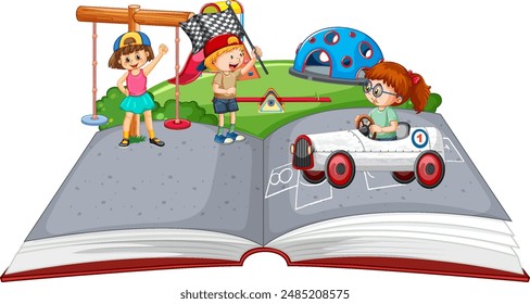 Kids enjoying activities in a pop-up book