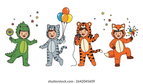 Kids enjoying costume party while wearing dinosaur cat tiger and fox suits