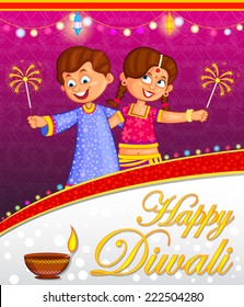 kids enjoying firecracker celebrating Diwali in vector