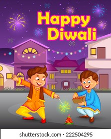 Kids Enjoying Firecracker Celebrating Diwali Vector Stock Vector ...