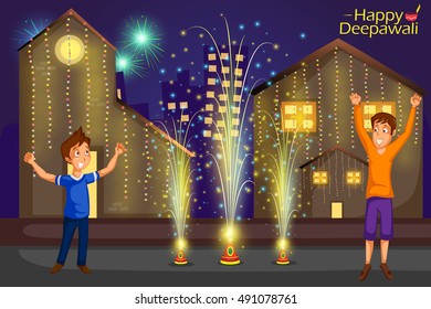 kids enjoying firecracker celebrating Diwali festival of India in vector