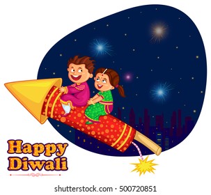 Kids enjoying firecracker celebrating Diwali festival of India in vector