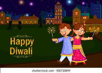 Kids Enjoying Firecracker Celebrating Diwali Festival Stock Vector ...
