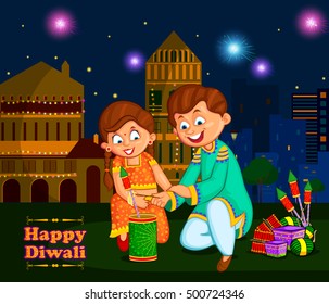 Kids enjoying firecracker celebrating Diwali festival of India in vector